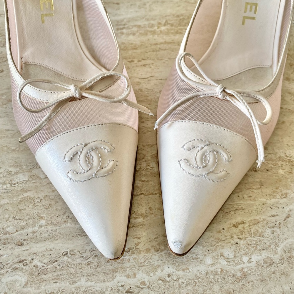 Vintage Chanel Mesh CC Bow Cap Toe Mule Heels - Picture 6 of 9